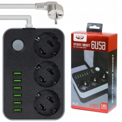 Antyprzepięciowa listwa zasilająca 1,5m 3 x 230V  6 x USB 5V przedłużacz