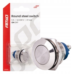 Włącznik przełącznik płaski okrągły stalowy ON/OFF 19mm 5A 12V 230V AMIO